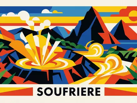 Bauhaus-Poster als geometrische Abstraktion von Sulphur Springs St. Lucia in Soufriere St. Lucia, kraeftige Grundfarben - Foto: THN