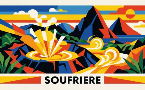 Bauhaus-Poster als geometrische Abstraktion von Sulphur Springs St. Lucia in Soufriere St. Lucia, kraeftige Grundfarben - Foto: THN
