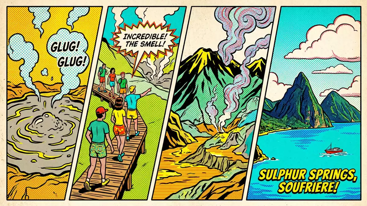 Pop-Art-Comic von Sulphur Springs St. Lucia in Soufriere, St. Lucia mit Rasterpunkten
