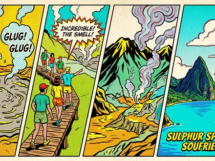 Pop-Art-Comicillustration des Wahrzeichens Sulphur Springs St. Lucia in Soufriere St. Lucia, kraeftige Konturen Rasterpunkte und - Foto: THN