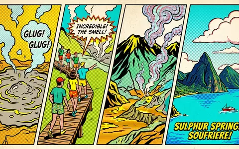 Pop-Art-Comicillustration des Wahrzeichens Sulphur Springs St. Lucia in Soufriere St. Lucia, kraeftige Konturen Rasterpunkte und - Foto: THN