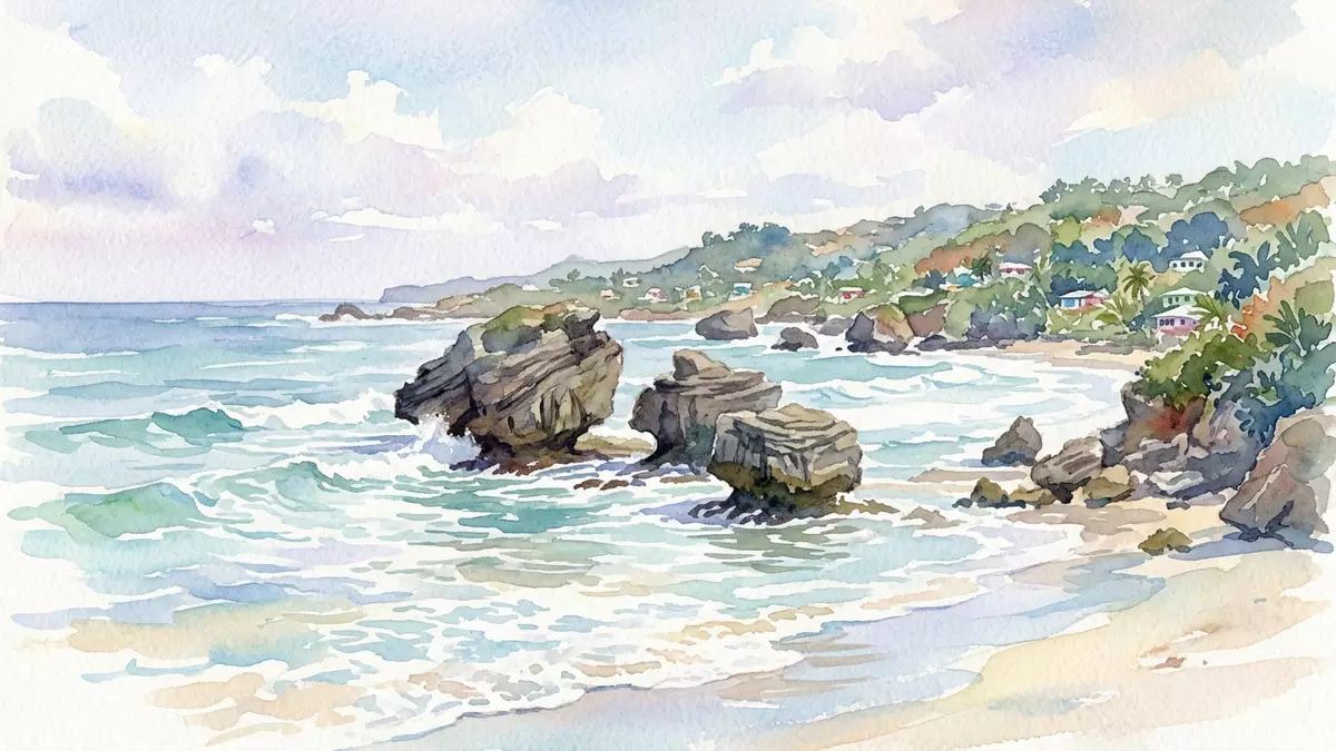 Aquarell-Illustration von Bathsheba Beach in Saint Joseph, Barbados als Reiseposter