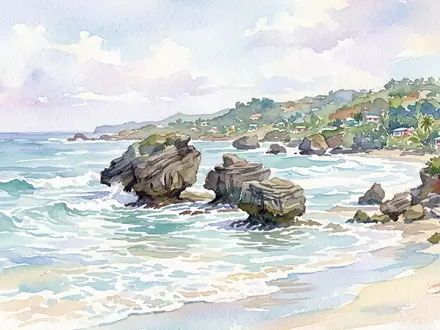 Aquarellillustration des Wahrzeichens Bathsheba Beach in Saint Joseph Barbados, weiche Farbverläufe und pastelliges Reiseposter-Feeling - Foto: THN