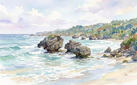 Aquarellillustration des Wahrzeichens Bathsheba Beach in Saint Joseph Barbados, weiche Farbverläufe und pastelliges Reiseposter-Feeling - Foto: THN