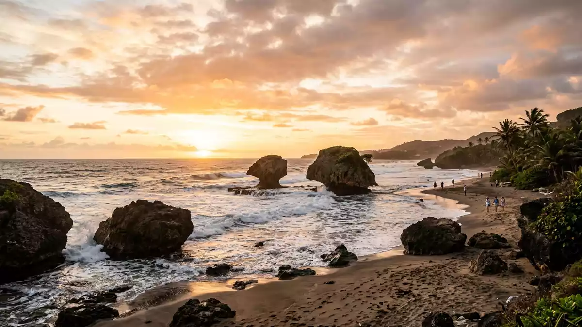 Fotorealistische Ansicht von Bathsheba Beach in Saint Joseph, Barbados im Abendlicht