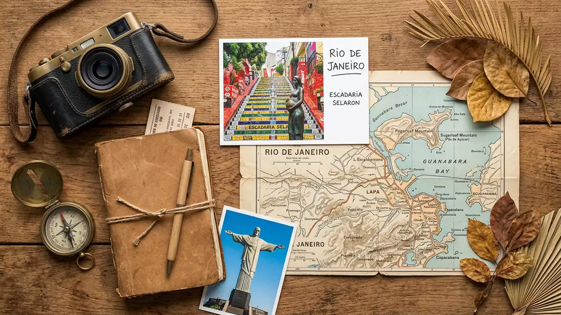 Flatlay-Reise-Arrangement rund um Escadaria Selaron in Rio de Janeiro, Brasilien