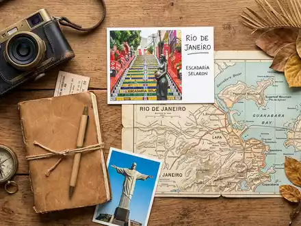 Flatlay-Reise-Arrangement rund um Escadaria Selaron in Rio de Janeiro Brasilien, Karte Kompass Kamera und generische - Foto: THN