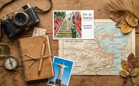 Flatlay-Reise-Arrangement rund um Escadaria Selaron in Rio de Janeiro Brasilien, Karte Kompass Kamera und generische - Foto: THN