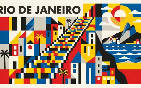 Bauhaus-Poster als geometrische Abstraktion von Escadaria Selaron in Rio de Janeiro Brasilien, kraeftige Grundfarben und - Foto: THN