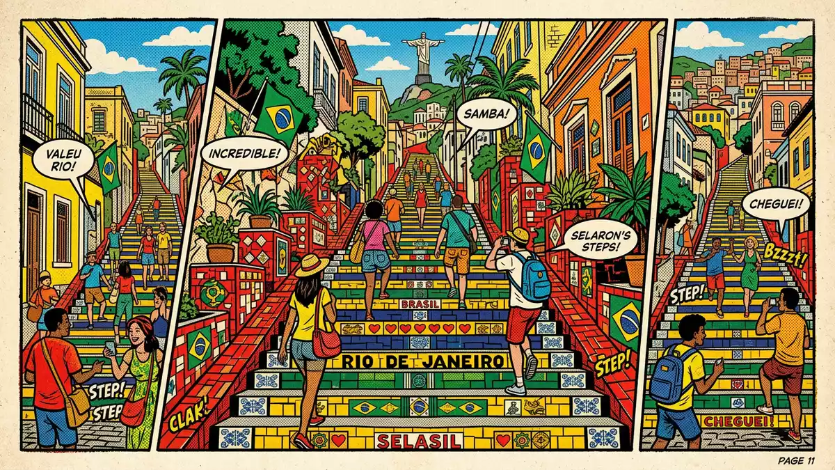 Pop-Art-Comic von Escadaria Selaron in Rio de Janeiro, Brasilien mit Rasterpunkten