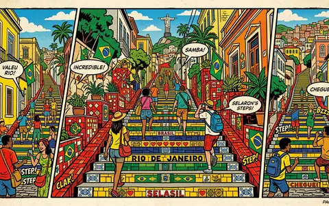 Pop-Art-Comicillustration des Wahrzeichens Escadaria Selaron in Rio de Janeiro Brasilien, kraeftige Konturen Rasterpunkte und satte - Foto: THN