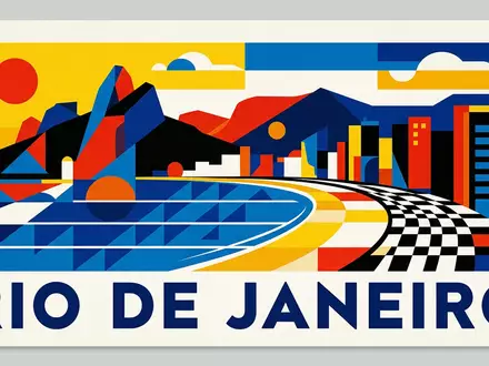 Bauhaus-Poster als geometrische Abstraktion von Copacabana in Rio de Janeiro Brasilien, kraeftige Grundfarben und harte - Foto: THN