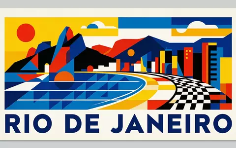 Bauhaus-Poster als geometrische Abstraktion von Copacabana in Rio de Janeiro Brasilien, kraeftige Grundfarben und harte - Foto: THN