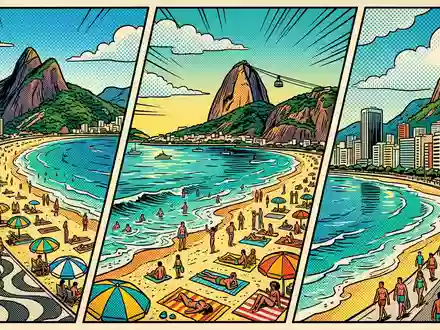 Pop-Art-Comicillustration des Wahrzeichens Copacabana in Rio de Janeiro Brasilien, kraeftige Konturen Rasterpunkte und satte Farben - Foto: THN