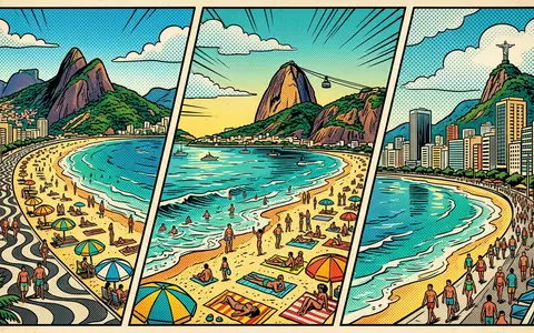 Pop-Art-Comicillustration des Wahrzeichens Copacabana in Rio de Janeiro Brasilien, kraeftige Konturen Rasterpunkte und satte Farben - Foto: THN