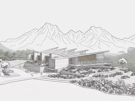 Moderner Architektur-Render zeigt Silhouette von Morne Trois Pitons in Roseau Dominica, klare Linien und neutrales - Foto: THN