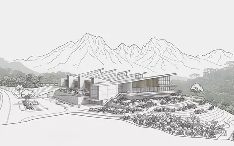 Moderner Architektur-Render zeigt Silhouette von Morne Trois Pitons in Roseau Dominica, klare Linien und neutrales - Foto: THN