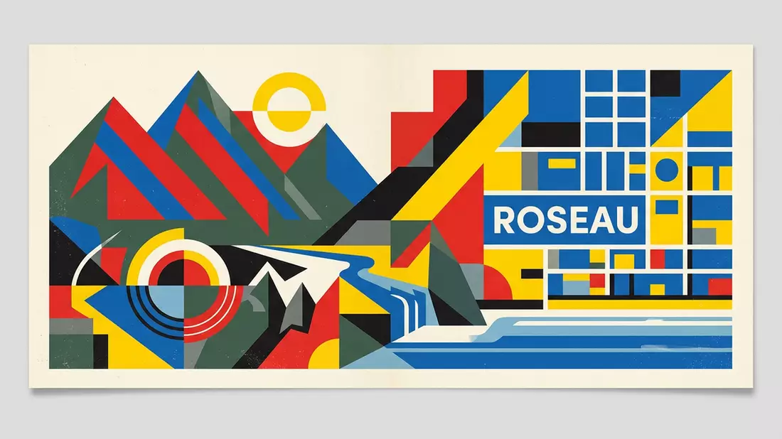Bauhaus-Poster als Abstraktion von Morne Trois Pitons in Roseau, Dominica