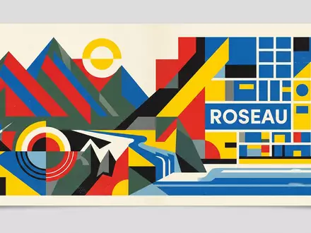 Bauhaus-Poster als geometrische Abstraktion von Morne Trois Pitons in Roseau Dominica, kraeftige Grundfarben und harte - Foto: THN