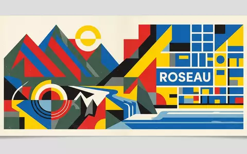 Bauhaus-Poster als geometrische Abstraktion von Morne Trois Pitons in Roseau Dominica, kraeftige Grundfarben und harte - Foto: THN