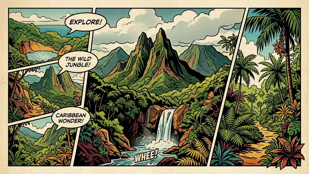 Pop-Art-Comic von Morne Trois Pitons in Roseau, Dominica mit Rasterpunkten