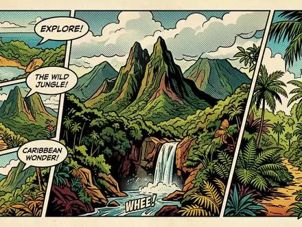 Pop-Art-Comicillustration des Wahrzeichens Morne Trois Pitons in Roseau Dominica, kraeftige Konturen Rasterpunkte und satte Farben - Foto: THN