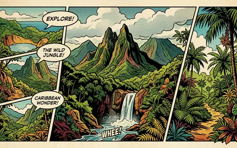 Pop-Art-Comicillustration des Wahrzeichens Morne Trois Pitons in Roseau Dominica, kraeftige Konturen Rasterpunkte und satte Farben - Foto: THN