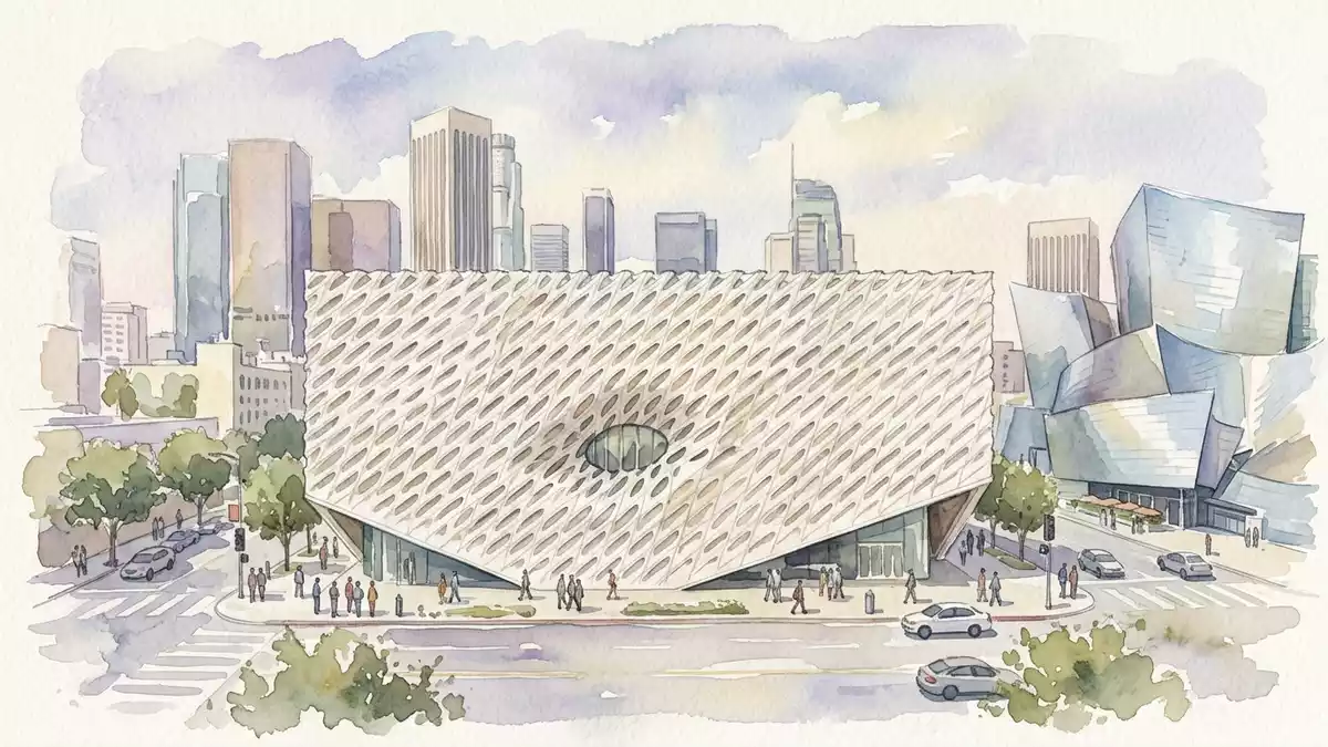 Aquarell-Illustration von The Broad Los Angeles in Los Angeles, USA als Reiseposter