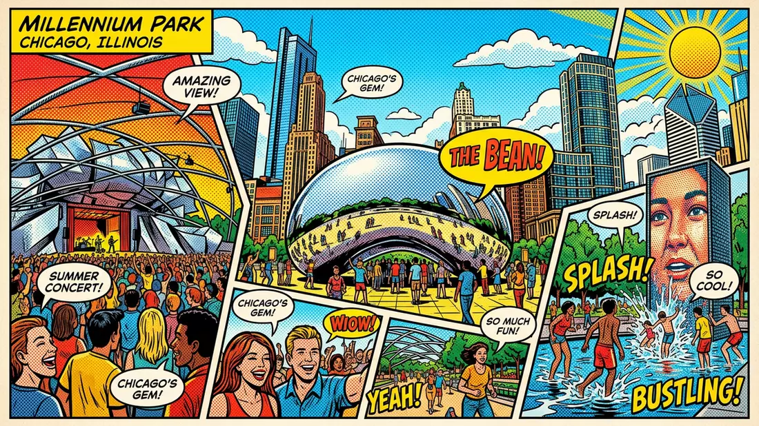 Pop-Art-Comic von Millennium Park Chicago in Chicago, USA mit Rasterpunkten