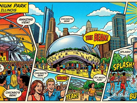 Pop-Art-Comicillustration des Wahrzeichens Millennium Park Chicago in Chicago USA, kraeftige Konturen Rasterpunkte und satte Farben - Foto: THN