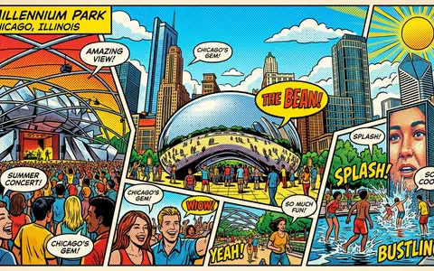 Pop-Art-Comicillustration des Wahrzeichens Millennium Park Chicago in Chicago USA, kraeftige Konturen Rasterpunkte und satte Farben - Foto: THN
