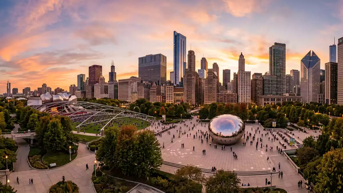 Fotorealistische Ansicht von Millennium Park Chicago in Chicago, USA im Abendlicht
