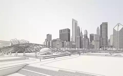 Moderner Architektur-Render zeigt Silhouette von Millennium Park Chicago in Chicago USA, klare Linien und neutrales - Foto: THN