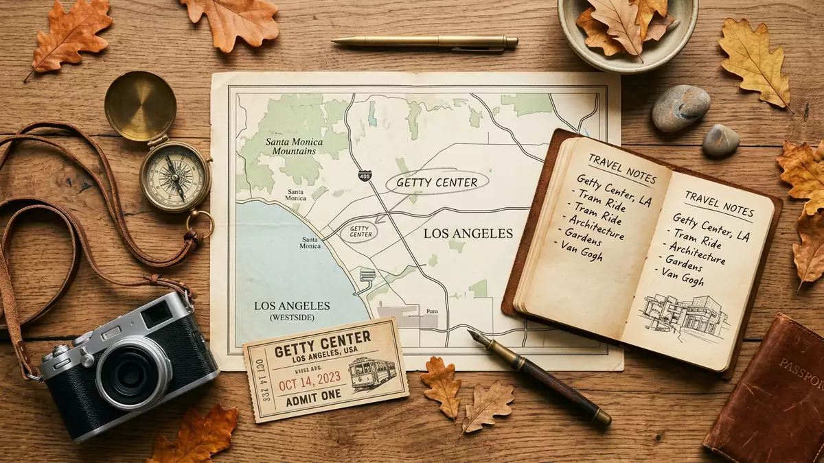 Flatlay-Reise-Arrangement rund um Getty Center in Los Angeles, USA