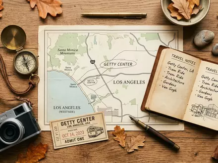 Flatlay-Reise-Arrangement rund um Getty Center in Los Angeles USA, Karte Kompass Kamera und generische Reiserequisiten - Foto: THN