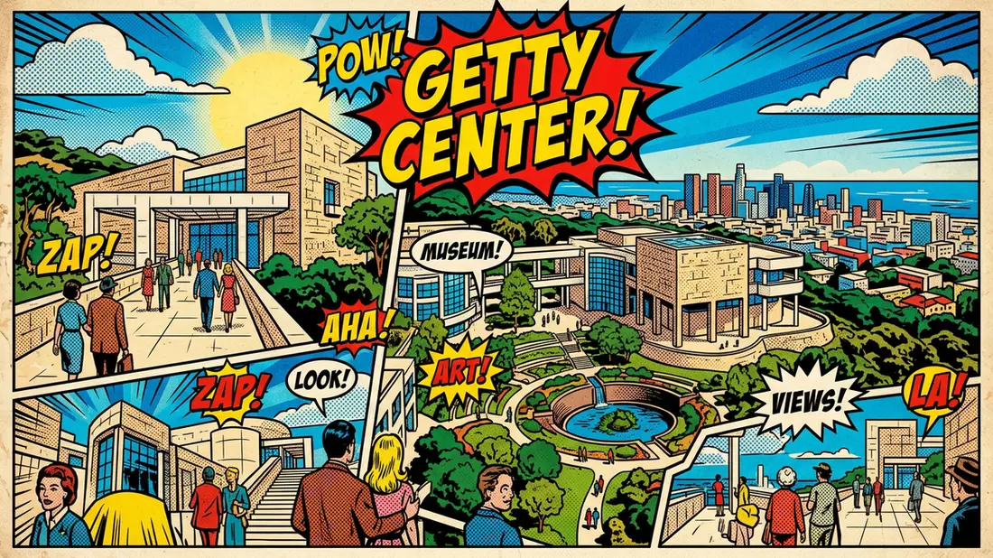 Pop-Art-Comic von Getty Center in Los Angeles, USA mit Rasterpunkten