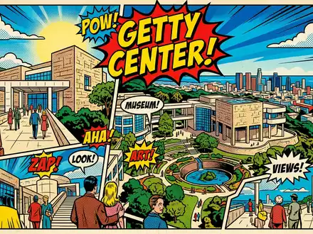 Pop-Art-Comicillustration des Wahrzeichens Getty Center in Los Angeles USA, kraeftige Konturen Rasterpunkte und satte Farben - Foto: THN