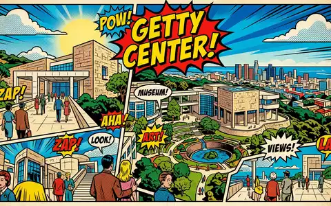 Pop-Art-Comicillustration des Wahrzeichens Getty Center in Los Angeles USA, kraeftige Konturen Rasterpunkte und satte Farben - Foto: THN