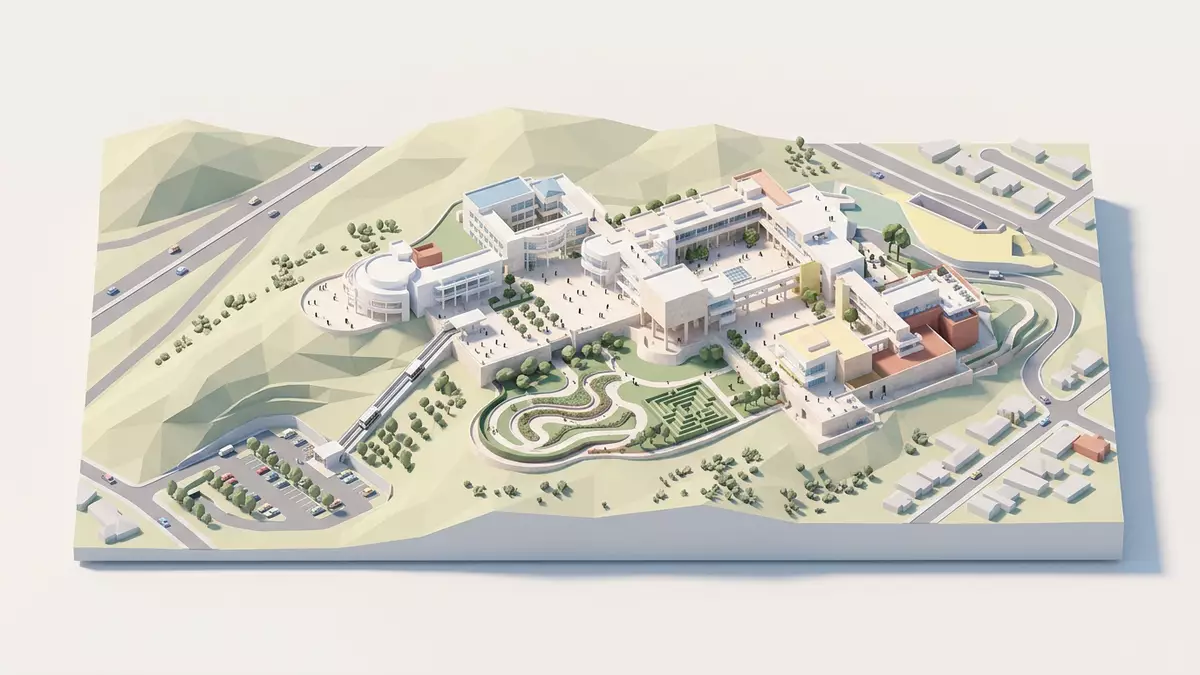 Isometrisches Diorama von Getty Center in Los Angeles, USA in Pastell