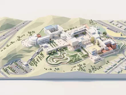 Isometrisches Diorama von Getty Center und Umgebung in Los Angeles USA, verspielte Low-Poly-Kulisse in Pastellfarben - Foto: THN