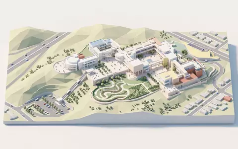 Isometrisches Diorama von Getty Center und Umgebung in Los Angeles USA, verspielte Low-Poly-Kulisse in Pastellfarben - Foto: THN