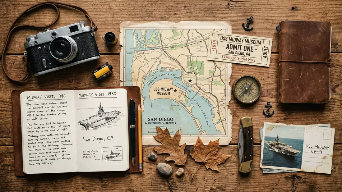 Flatlay-Reise-Arrangement rund um USS Midway Museum in San Diego, USA