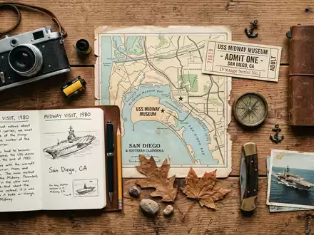 Flatlay-Reise-Arrangement rund um USS Midway Museum in San Diego USA, Karte Kompass Kamera und generische - Foto: THN
