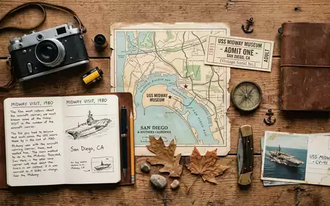 Flatlay-Reise-Arrangement rund um USS Midway Museum in San Diego USA, Karte Kompass Kamera und generische - Foto: THN
