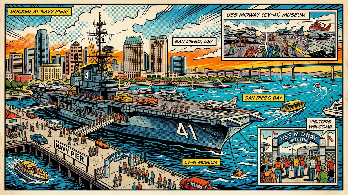 Pop-Art-Comic von USS Midway Museum in San Diego, USA mit Rasterpunkten