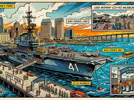 Pop-Art-Comicillustration des Wahrzeichens USS Midway Museum in San Diego USA, kraeftige Konturen Rasterpunkte und satte - Foto: THN