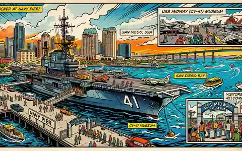 Pop-Art-Comicillustration des Wahrzeichens USS Midway Museum in San Diego USA, kraeftige Konturen Rasterpunkte und satte - Foto: THN
