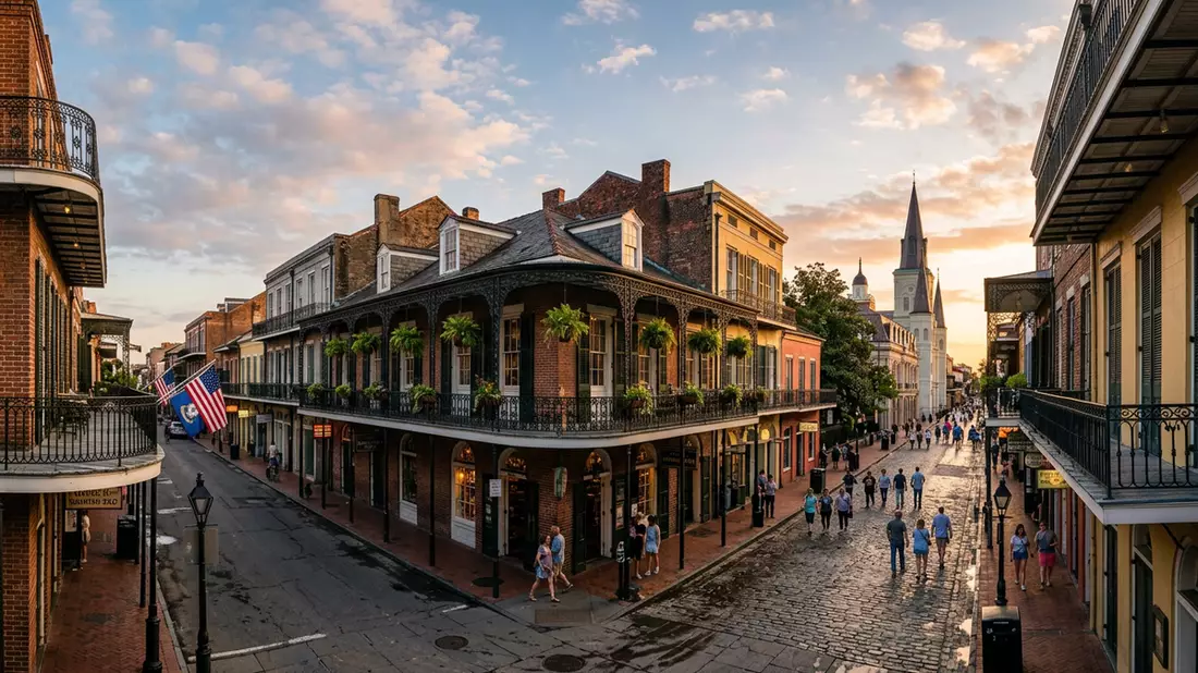 Fotorealistische Ansicht von French Quarter New Orleans in New Orleans, USA im Abendlicht
