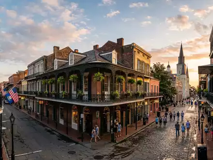 Fotorealistische Panoramaaufnahme von French Quarter New Orleans in New Orleans USA, warmes Abendlicht auf Wahrzeichen - Foto: THN