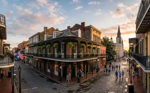 Fotorealistische Panoramaaufnahme von French Quarter New Orleans in New Orleans USA, warmes Abendlicht auf Wahrzeichen - Foto: THN